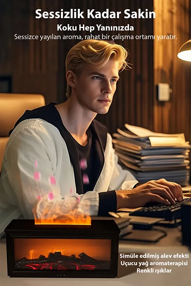 A4 Şömine Esintili Aromaterapi Difüzörü Ultrasonik Hava Nemlendici SİYAH